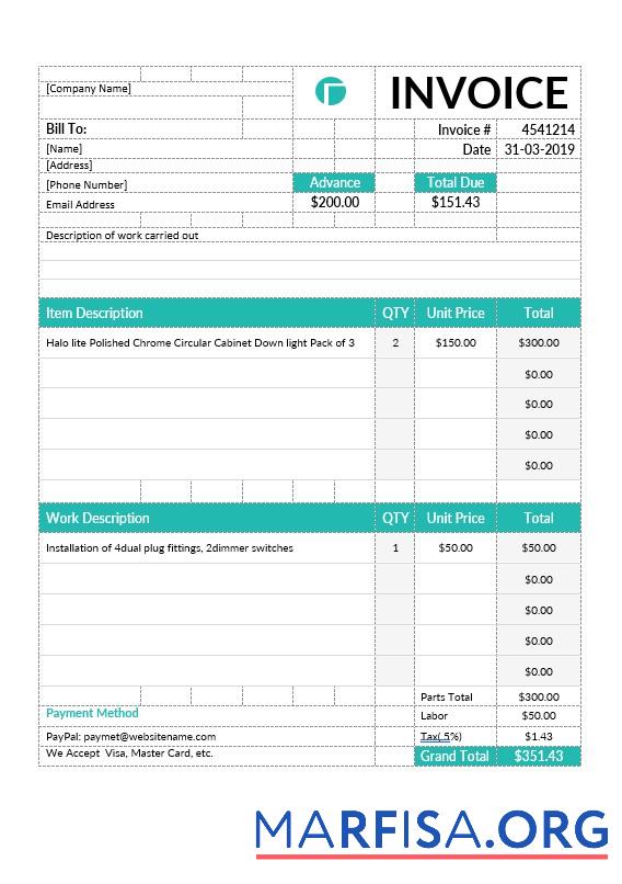 Blank Electrical Contractor Invoice Template